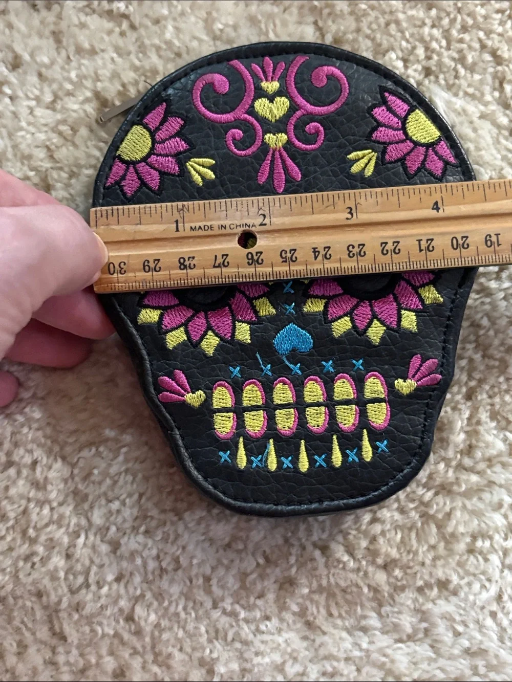 Loungefly Black Sugar Skull Embroidered Coin Purse with Pink & Yellow Accents